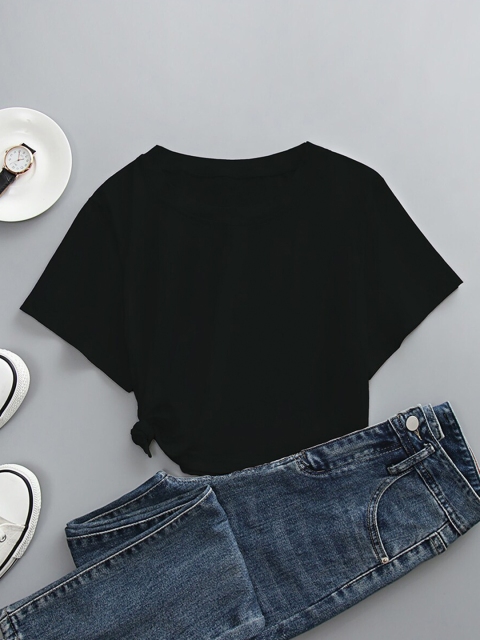 

URBANIC Women Black V-Neck Extended Sleeves Applique T-shirt