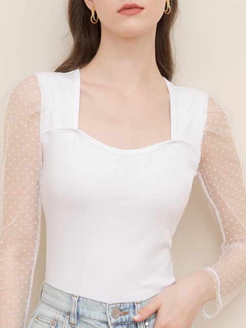 

URBANIC Women White High Neck Extended Sleeves T-shirt