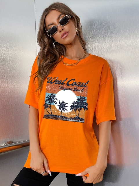

URBANIC Women Orange Printed T-shirt
