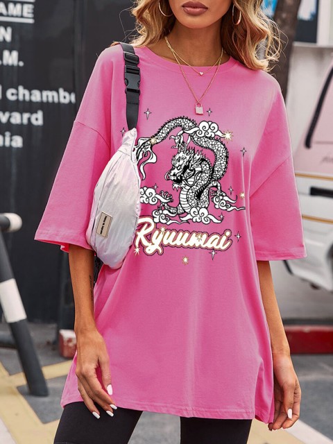 

URBANIC Women Pink Printed V-Neck Applique T-shirt