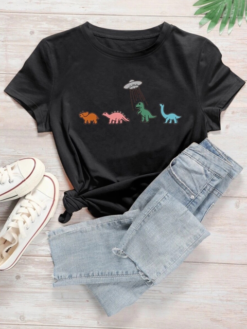 

URBANIC Women Black Printed Extended Sleeves Applique T-shirt