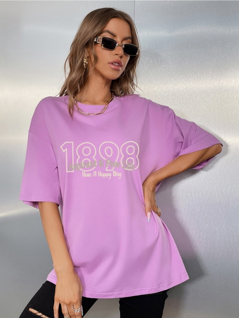 

URBANIC Women Purple Printed Extended Sleeves Raw Edge T-shirt