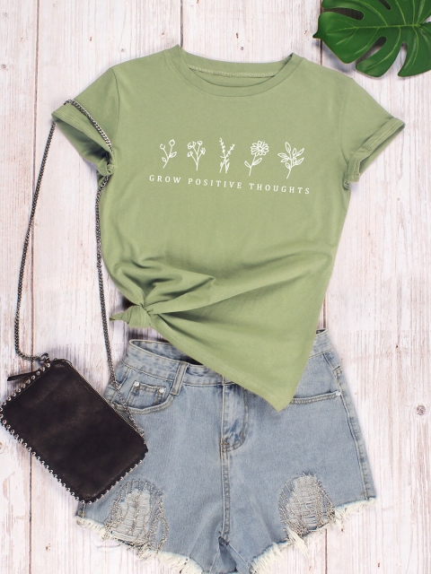 

URBANIC Women Green Typography Printed Raw Edge T-shirt