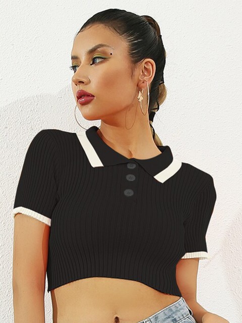 

URBANIC Women Black Polo Collar T-shirt