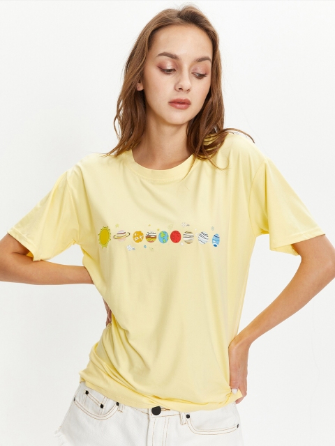

URBANIC Women Yellow Typography Printed Extended Sleeves T-shirt