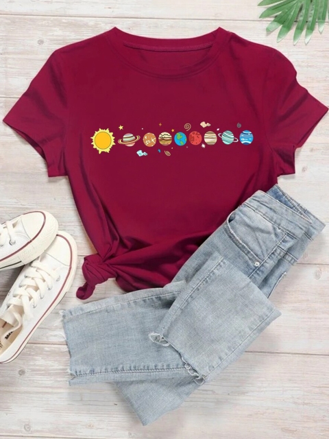 

URBANIC Women Red Printed V-Neck Extended Sleeves Applique T-shirt