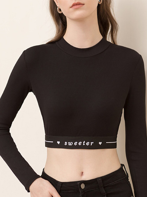 

URBANIC Women Black Raw Edge T-shirt