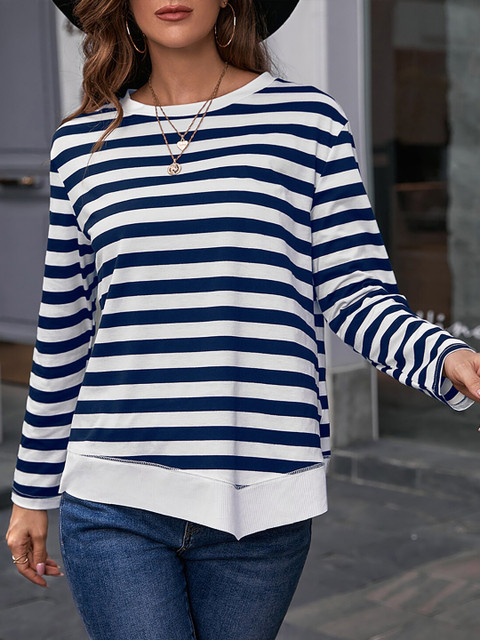 

URBANIC Women Blue Striped Henley Neck T-shirt