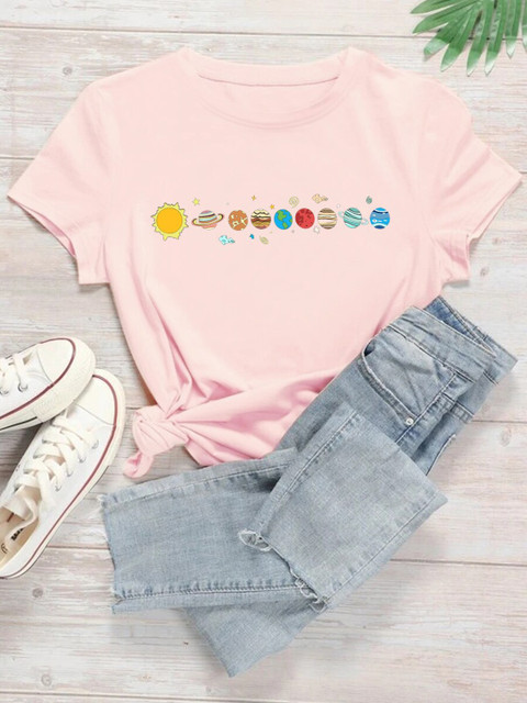 

URBANIC Women Pink Printed Extended Sleeves Applique T-shirt