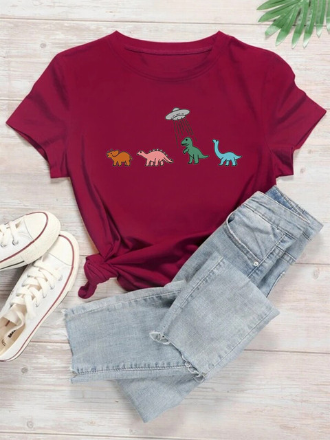 

URBANIC Women Red Printed Extended Sleeves Applique T-shirt