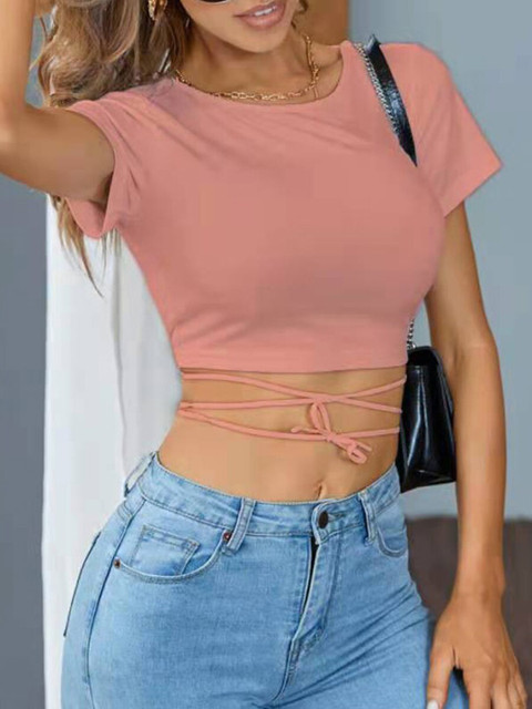 

URBANIC Women Pink V-Neck Extended Sleeves T-shirt