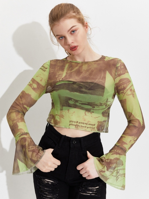 

URBANIC Women Green Typography Printed Extended Sleeves T-shirt