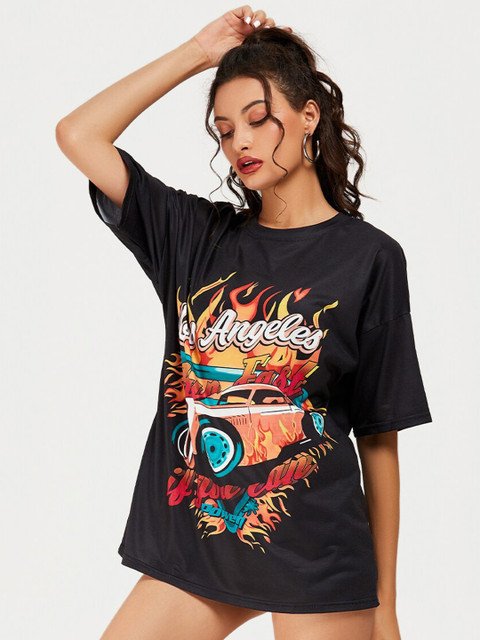 

URBANIC Women Black Printed Applique T-shirt