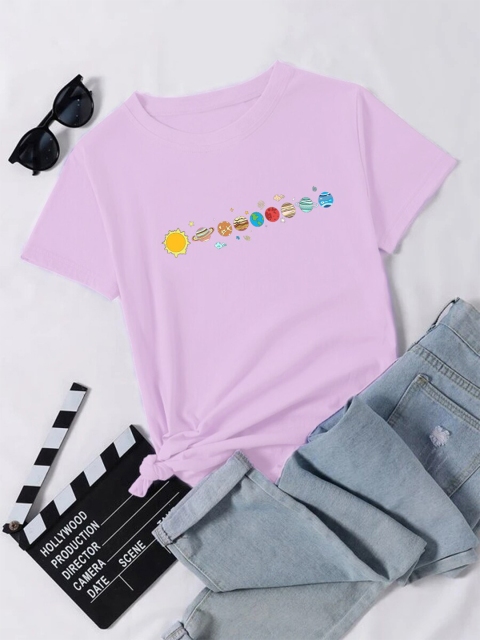 

URBANIC Women Purple Printed V-Neck Applique T-shirt