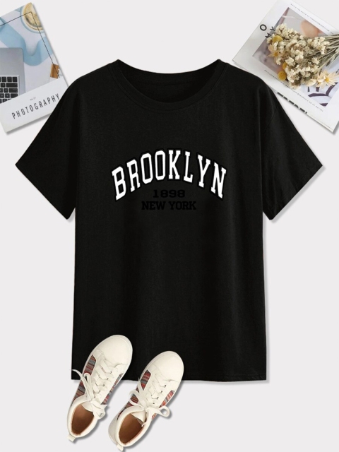 

URBANIC Women Black Printed Applique T-shirt