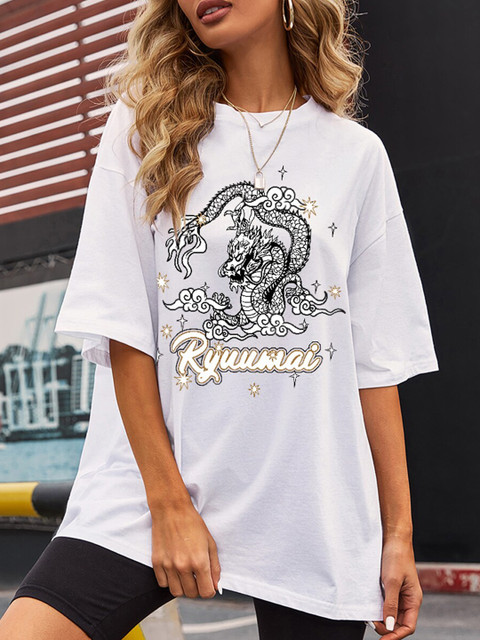 

URBANIC Women White Printed V-Neck Raw Edge T-shirt