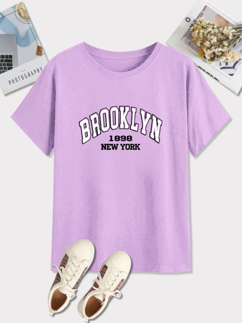 

URBANIC Women Purple Typography Printed Applique T-shirt