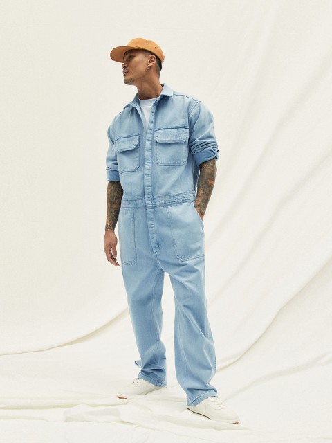 

H&M Men Blue Solid Cotton Denim Boiler Suit