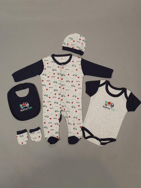 

Mumkins Infants 5-Pcs Navy-Blue & Grey Printed Pure Cotton Baby Apparel Gift Set