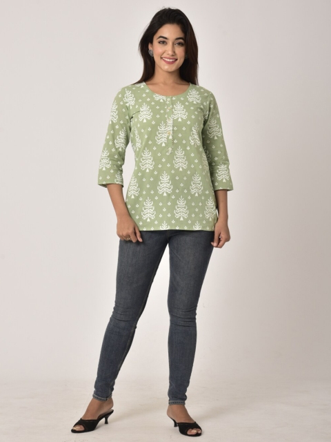 

Swasti Green Floral Printed Pure Cotton Kurti
