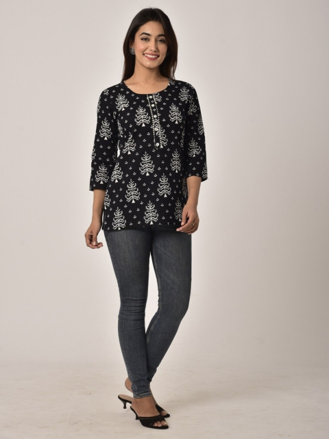 

Swasti Black Floral Printed Pure Cotton Kurti