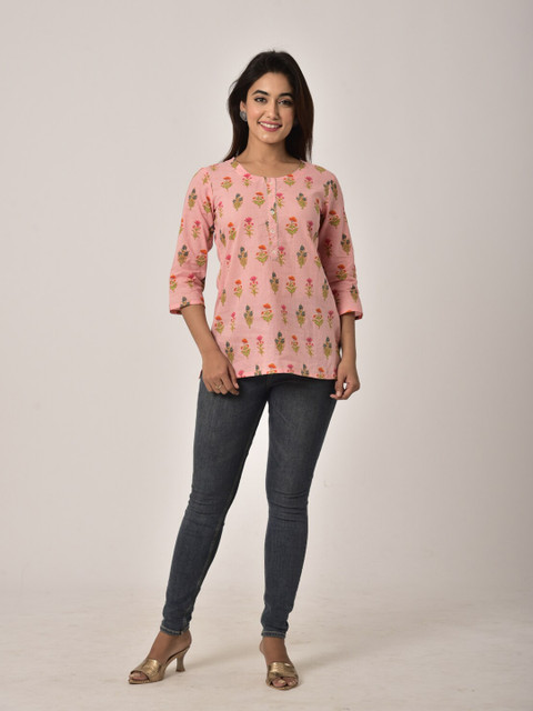 

Swasti Pink Floral Printed Pure Cotton Kurti