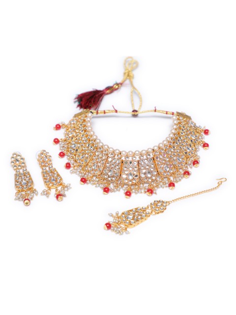 

Swarajshop Women Gold-Plated White Kundan Studded & Red Beaded Choker Jewellery Set