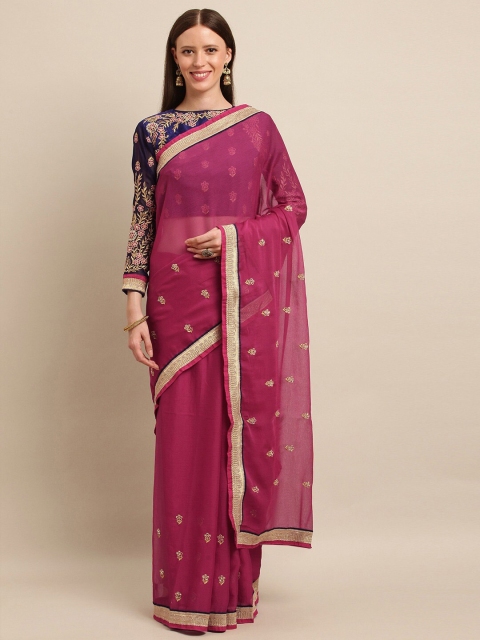 

SHAVYA Magenta & Gold-Toned Embellished Beads and Stones Pure Georgette Heavy Work Saree