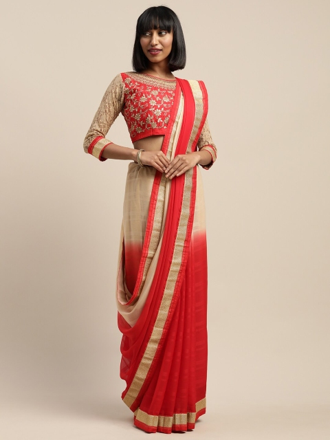 

SHAVYA Red & Gold-Toned Embellished Embroidered Pure Georgette Heavy Work Saree