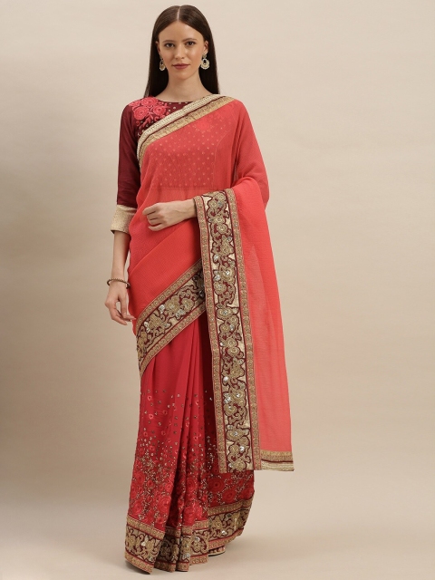 

SHAVYA Red & Gold-Toned Embellished Beads and Stones Pure Georgette Heavy Work Saree