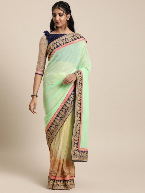 

SHAVYA Sea Green & Blue Embellished Beads and Stones Pure Georgette Heavy Work Saree