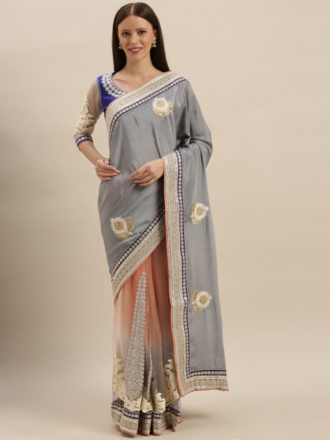 

SHAVYA Grey & Blue Embellished Embroidered Pure Georgette Heavy Work Saree