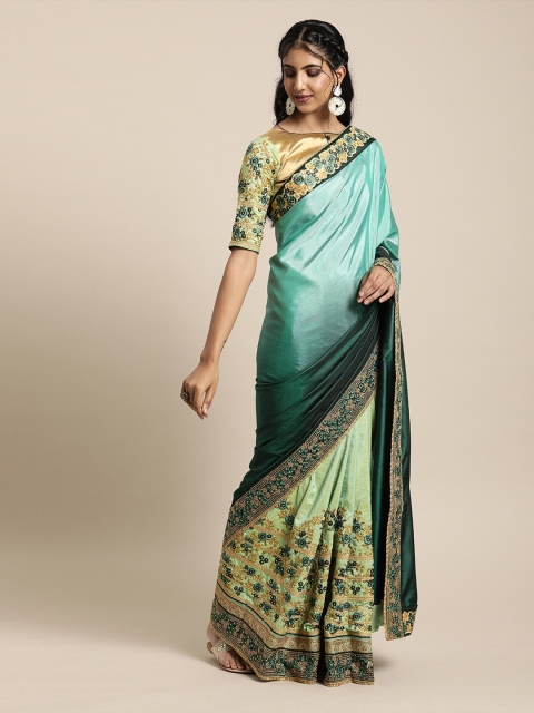 

SHAVYA Green & Gold-Toned Embellished Beads and Stones Pure Georgette Heavy Work Saree