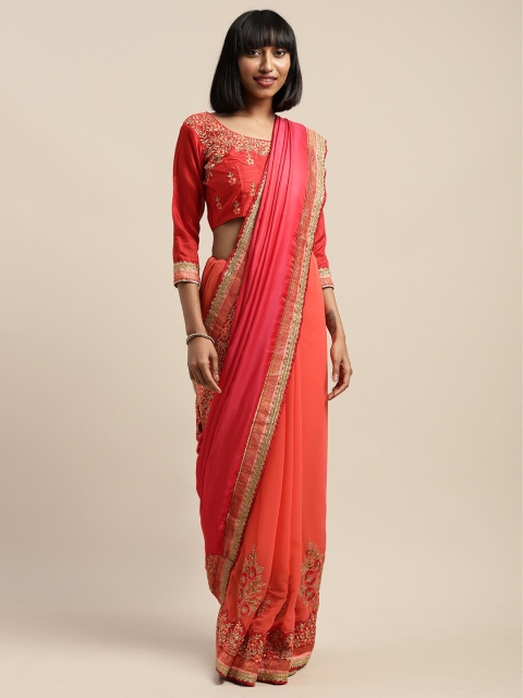 

SHAVYA Red & Gold-Toned Embellished Embroidered Pure Georgette Heavy Work Saree