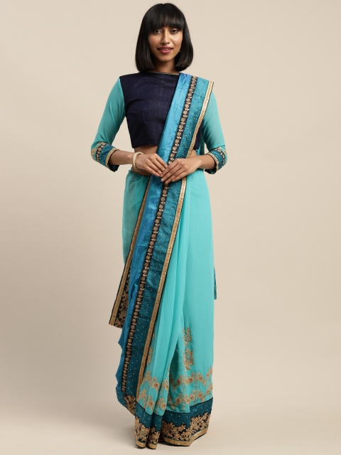 

SHAVYA Sea Green & Gold-Toned Embellished Beads and Stones Pure Georgette Heavy Work Saree