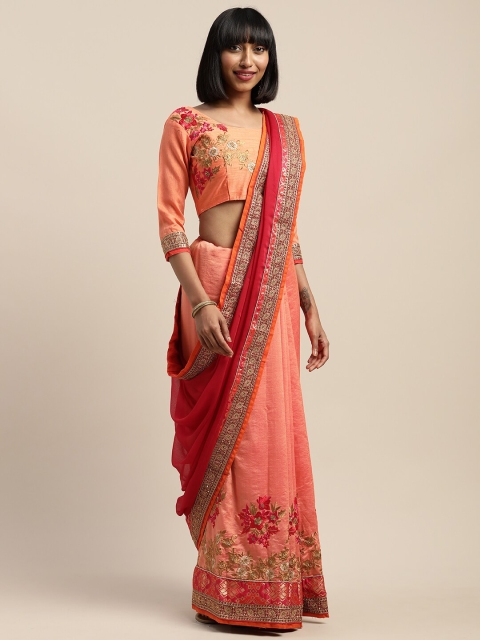 

SHAVYA Pink & Red Embellished Beads and Stones Pure Georgette Heavy Work Saree