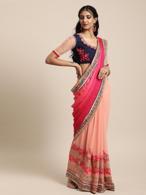 

SHAVYA Pink & Blue Embroidered Pure Georgette Heavy Work Saree