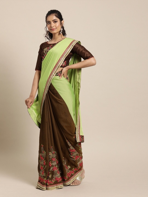 

SHAVYA Green & Brown Embellished Beads and Stones Pure Georgette Heavy Work Saree