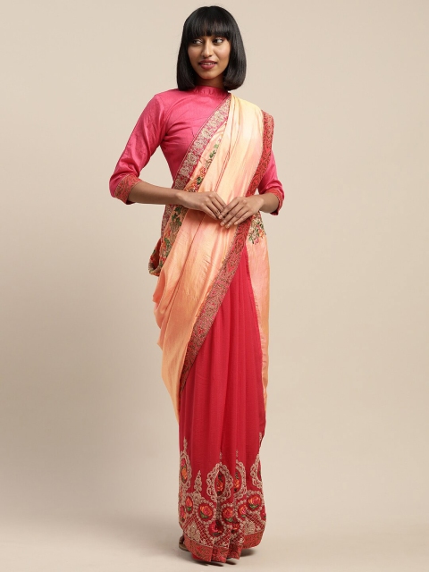 

SHAVYA Maroon & Peach-Coloured Embellished Beads and Stones Pure Georgette Heavy Work Saree