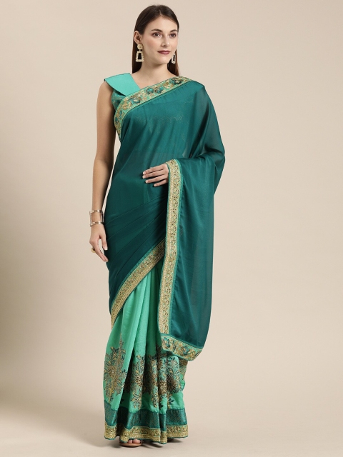 

SHAVYA Sea Green & Gold-Toned Embellished Beads and Stones Pure Georgette Heavy Work Saree