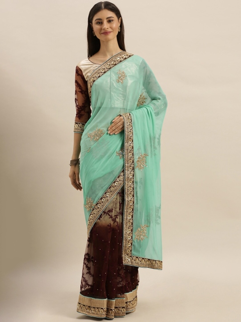 

SHAVYA Sea Green & Red Embellished Beads and Stones Pure Georgette Heavy Work Saree