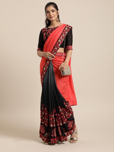 

SHAVYA Coral & Black Floral Embroidered Pure Georgette Saree