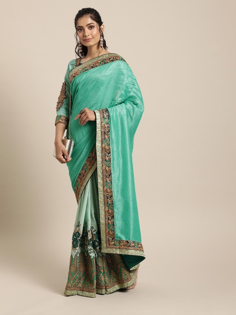 

SHAVYA Green & Gold-Toned Embellished Beads and Stones Pure Georgette Heavy Work Saree