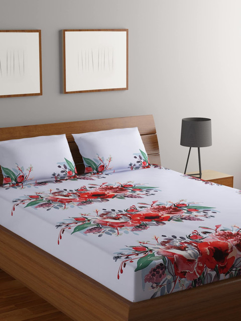 

MODEFE White & Red Floral 180 TC Cotton Queen Double bed Bedsheet with 2 Pillow Covers