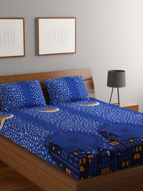 

MODEFE Navy Blue & White Graphic 180 TC Queen Bedsheet with 2 Pillow Covers