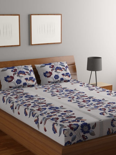 

MODEFE Grey & Navy Blue Floral 180 TC Queen Bedsheet with 2 Pillow Covers