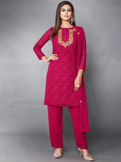 

DRESSTIVE Women Burgundy Ethnic Motifs Layered Thread Work Kurti with Trousers & With Dupatta