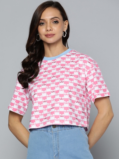 

VividArtsy Women Pink & White Printed Loose Cotton T-shirt