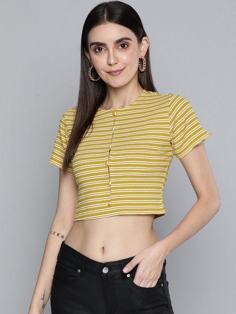 

VividArtsy Women Yellow & White Striped Crop Top