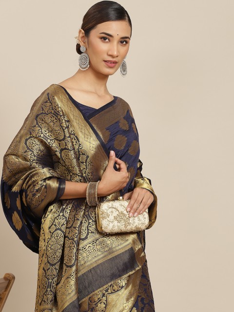 

PRENEA Navy Blue Woven Design Silk Blend Banarasi Saree with Blouse Piece